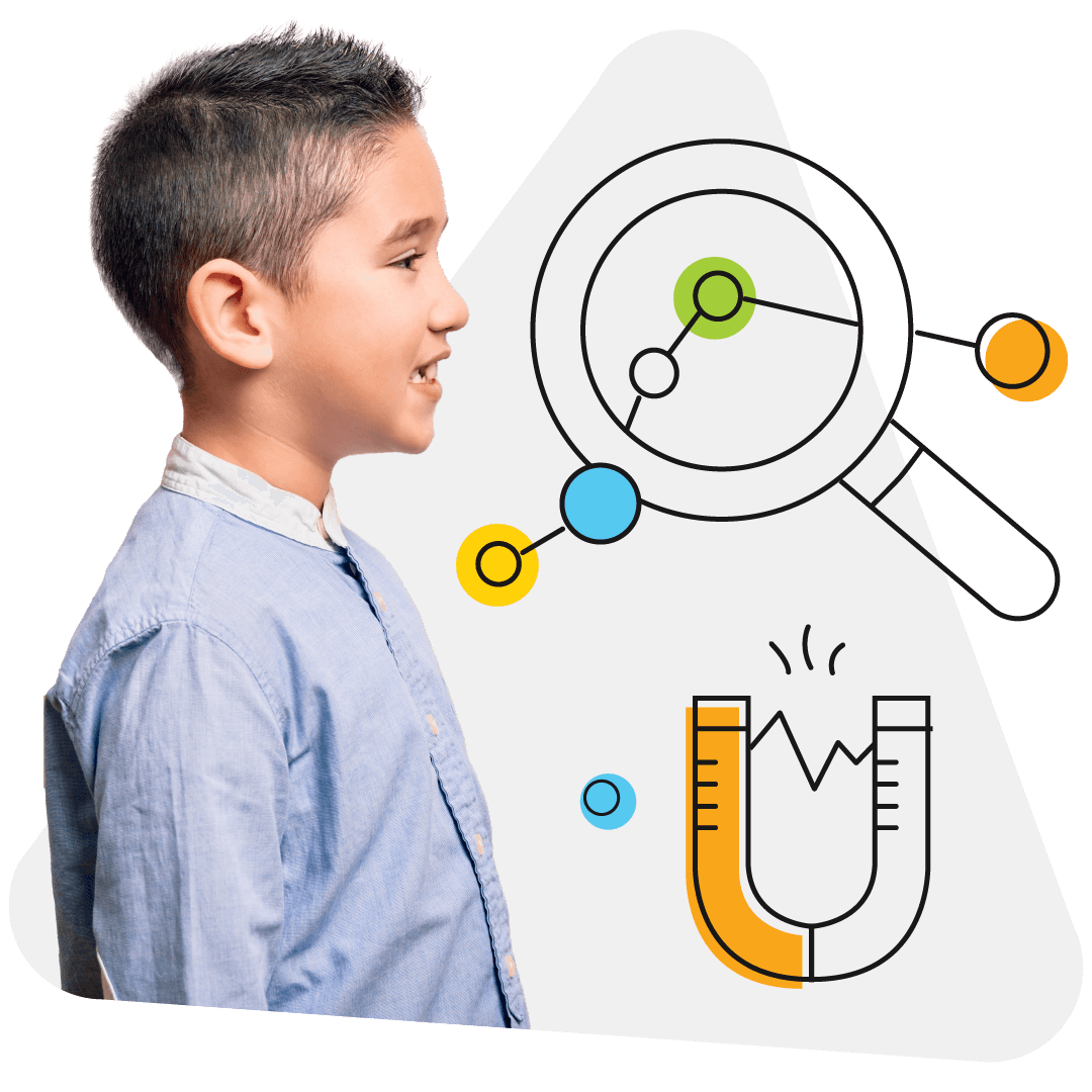 student and magnet and magnifying glass